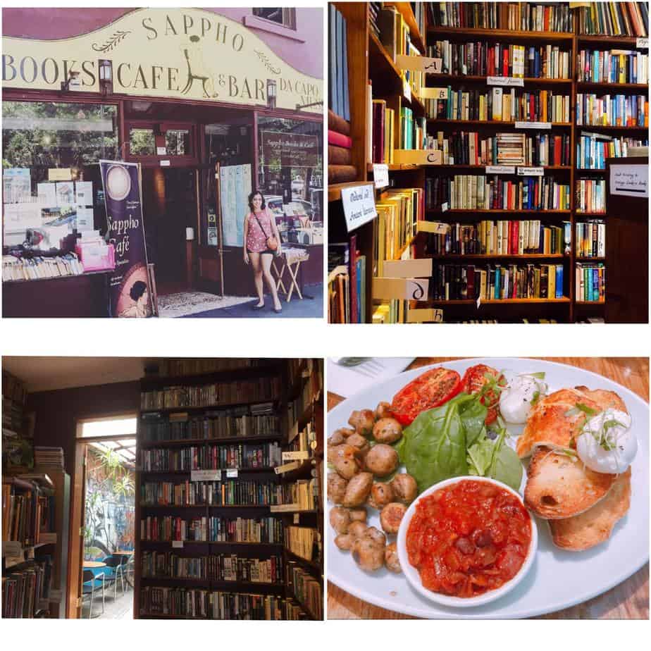 Four images next to each other. One is of the outside of a book cafe. The other is of bookshelves. The third is also of bookshelves. The fourth is of food on a white plate.