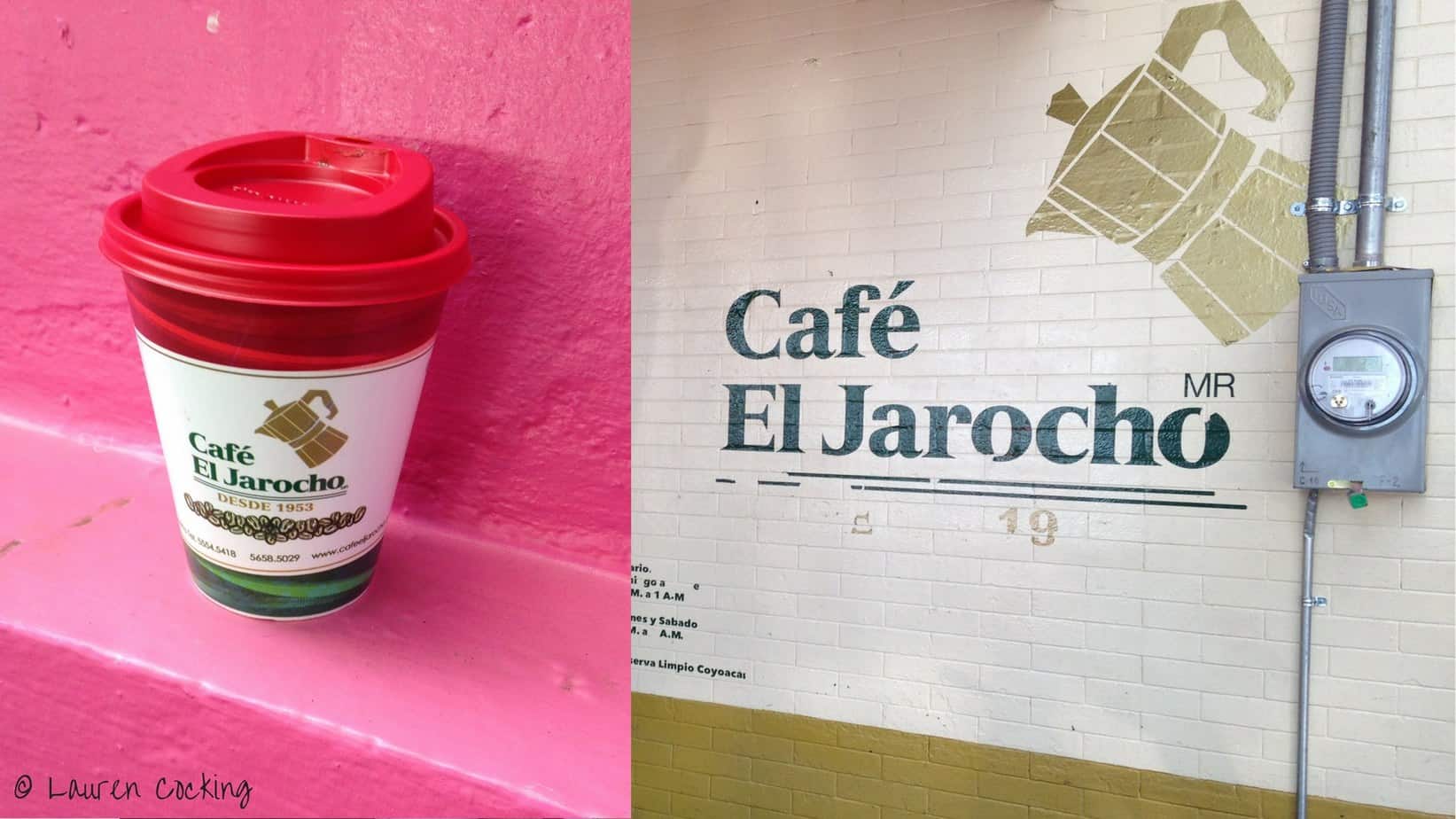 Two images juxtaposed. One is of a to go cup of coffee next to a pink wall. The other is art on the wall that says Cafe El Jarocho