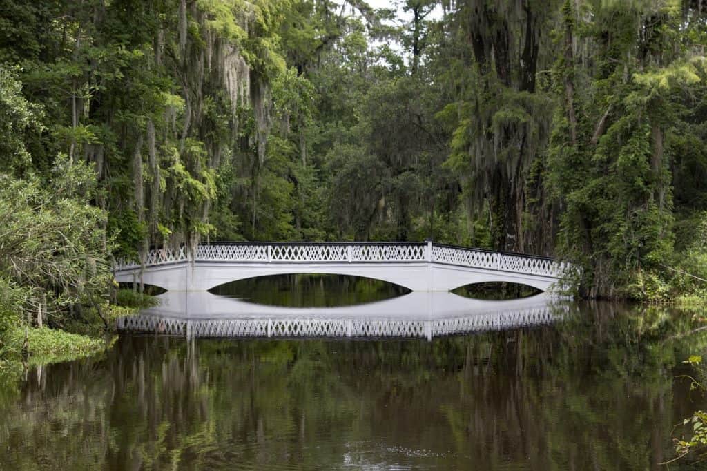 A white bridge stretches across a lake surrounded by trees.