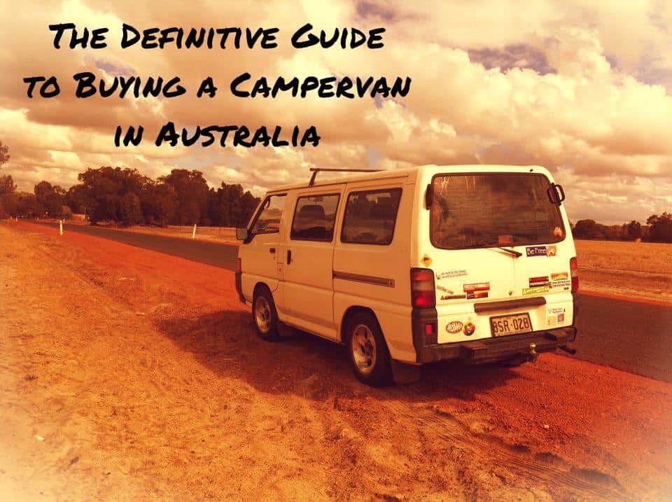 A photo of a campervan with text that says "The definitive guide to buying a campervan in Australia."