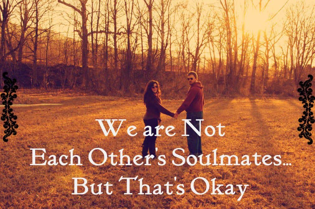 Two people holding hands in a forest in fall that says "We are not each other's soulmates but that's okay."