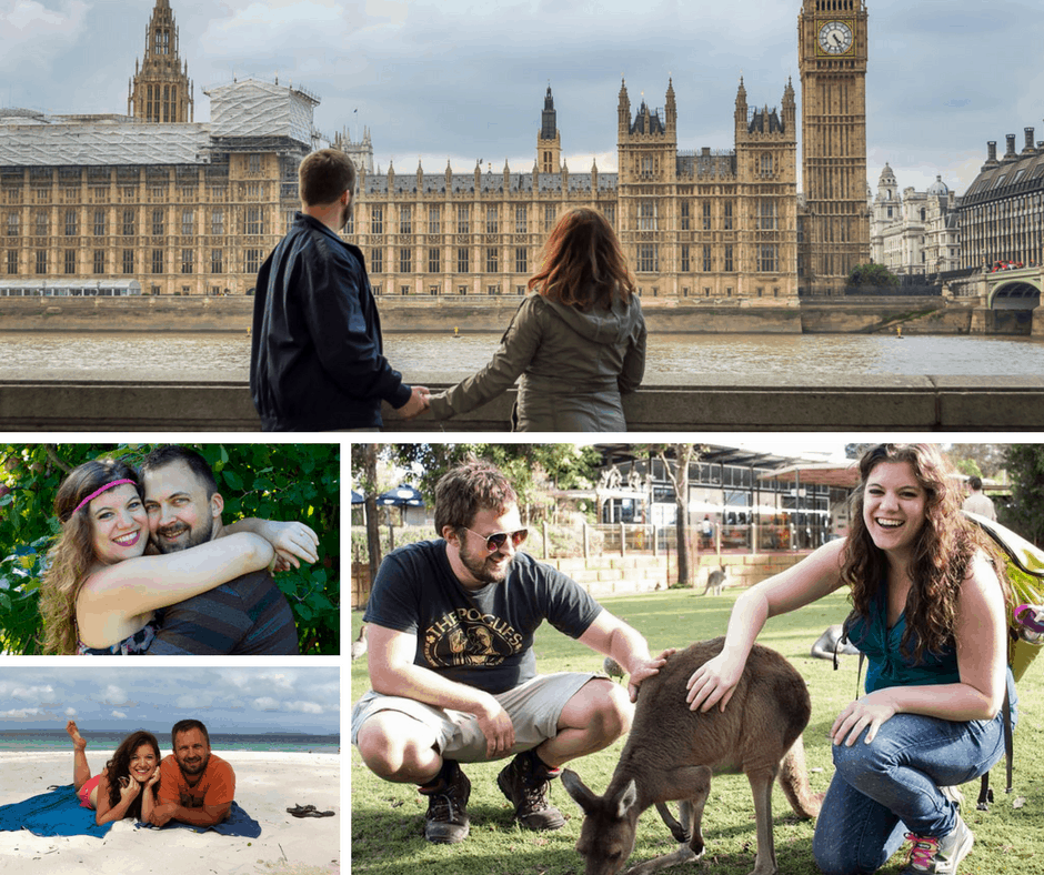 A group of four images of a couple smiling at the camera in every one. The first photo, the couple is looking out in London while holding hands. In the second photo, the couple smiles with a forest behind them. In the third photo, they are laying on their stomachs on a beach. In the fourth photo, they are petting a deer.