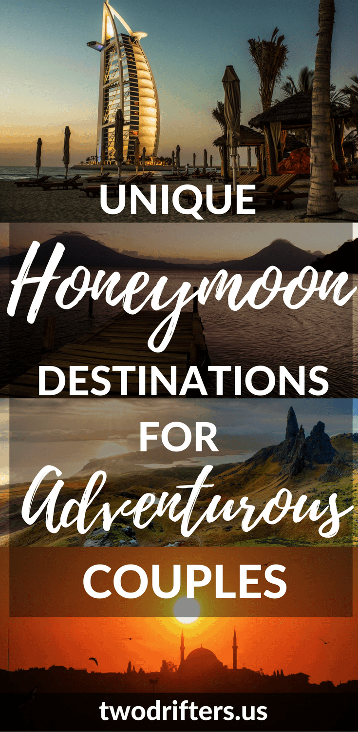 Pinterest social share image that says "Unique Honeymoon Destinations for Adventurous Couples."