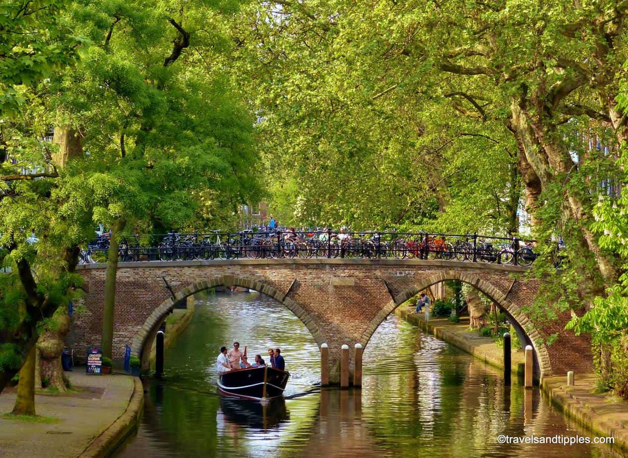 People sit in a row boat going under an arched bridge, that is covered with people. Greenery lines the river.