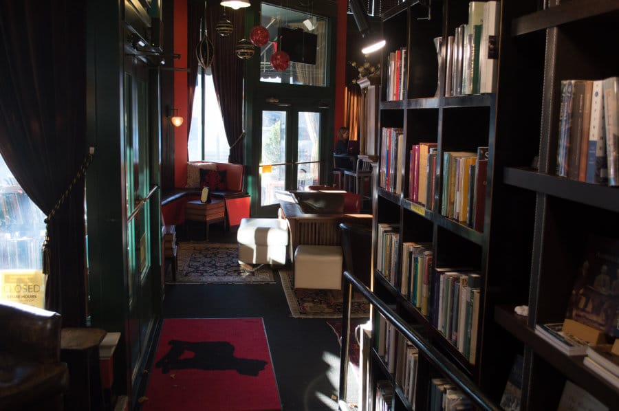 Interior of a bookstore with a dark ambiance.