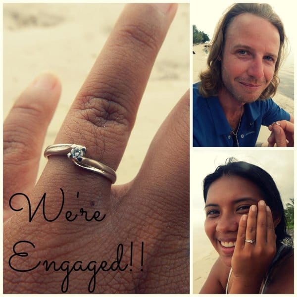 Three photos juxtaposed together. The first photo is a ring on a finger with the words \"We\'re Engaged!!\" The second photo is a man holding a ring. The third photo is a woman smiling while wearing the ring.