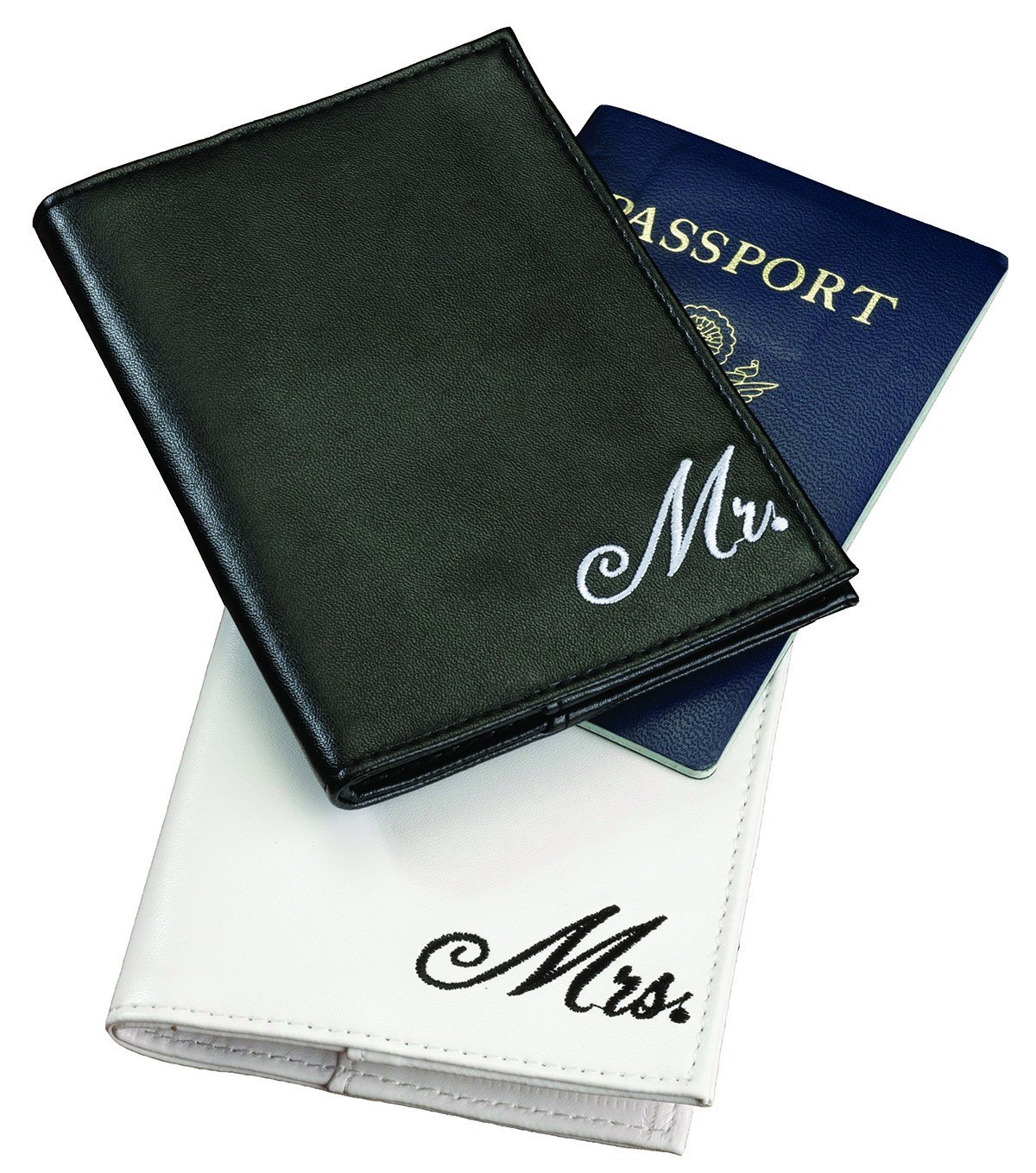 Two passport covers sit stacked on one another. One is black and says \"Mr\" and the other is white and says \"Mrs.\"