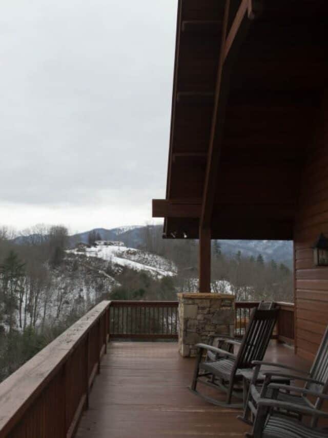 View of a snowy landscape from a wooden porch.