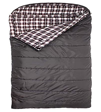 A brown sleeping bag is slightly opened, with a plaid interior.