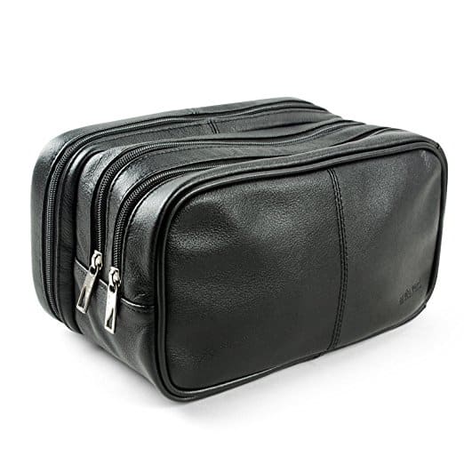 A black leather case with three zippers.