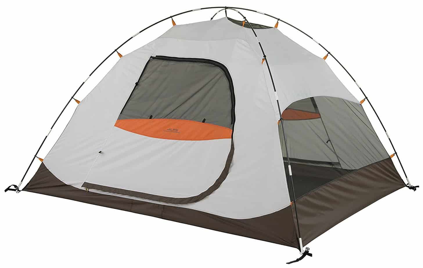 A grey tent with orange detailing stands put together.