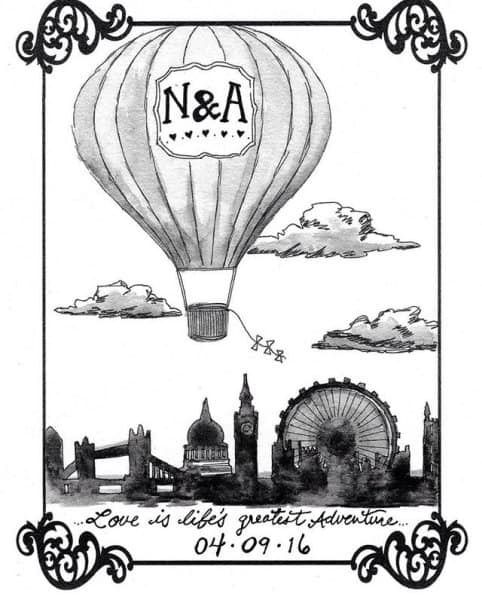 A painting of a hot air balloon over the London skyline says \"N&A.\"