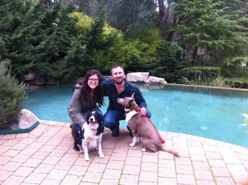 Couple petting dogs by a pool surrounded by a forest.