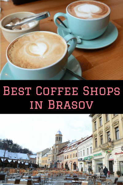 Pinterest social share image that says "Best Coffee Shops in Brasov."