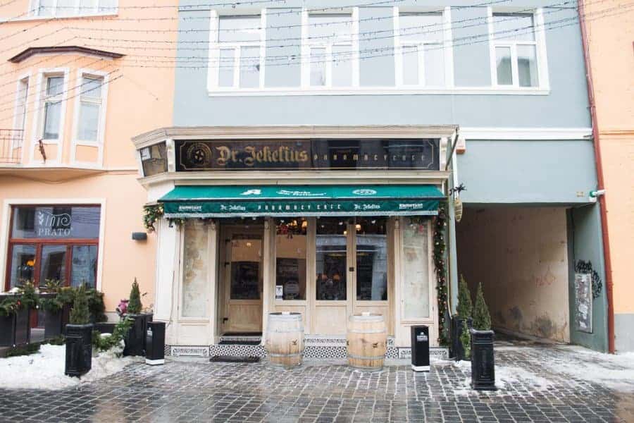 Exterior of a building with black awning that says Dr. Jekelius.