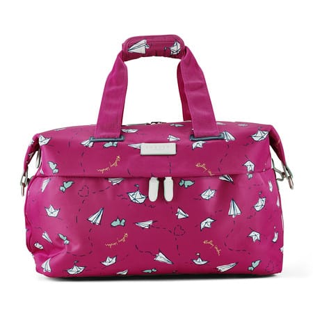A pink bag with airplanes on it.