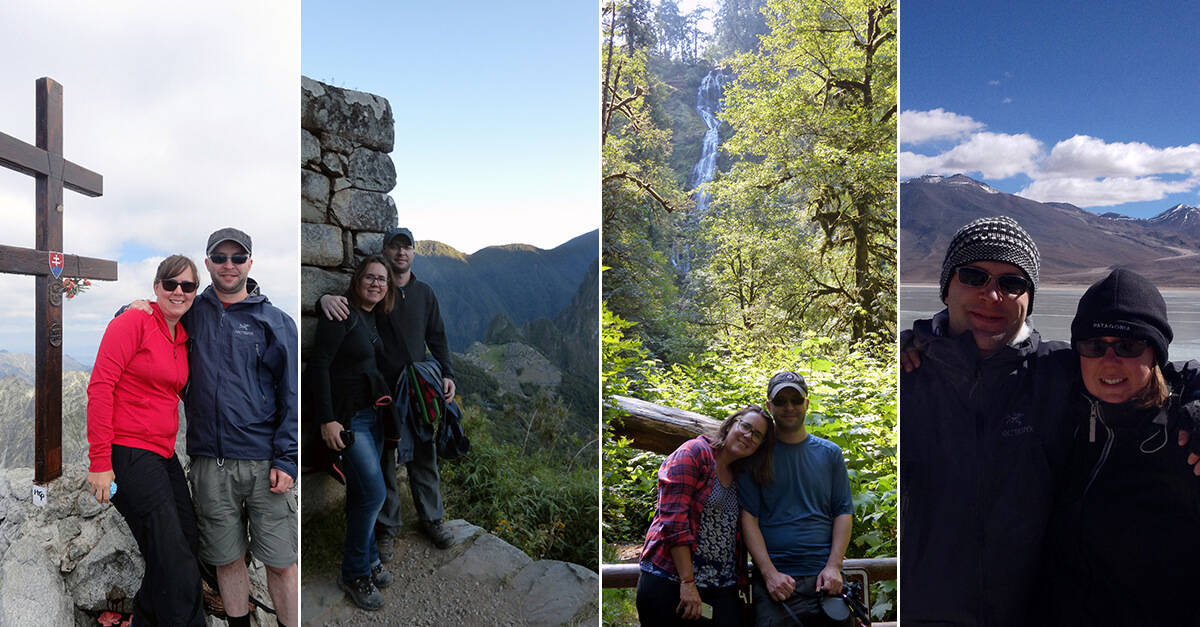 Four photos of couples smiling at various outdoor locations.