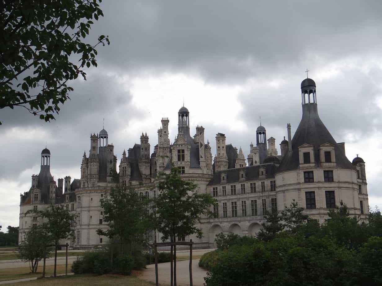 White castle under a grey sky.