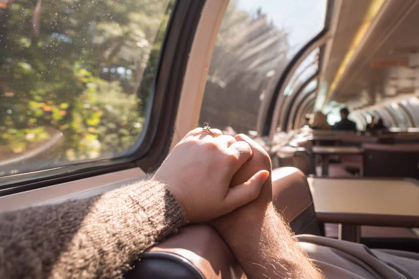 A couple holds hands on a train.