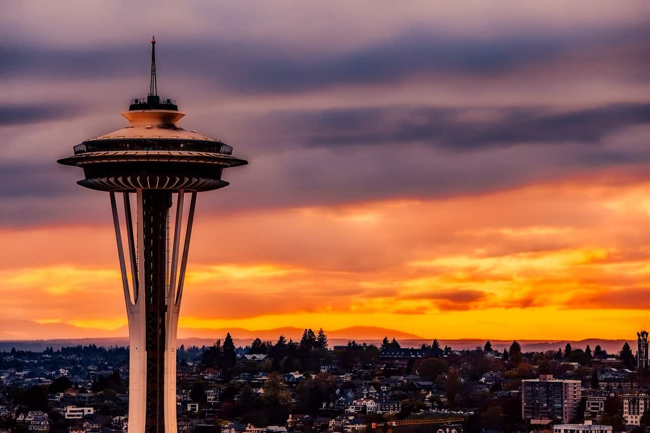 Aerial view of the Seattle Space Needle at sunset. 