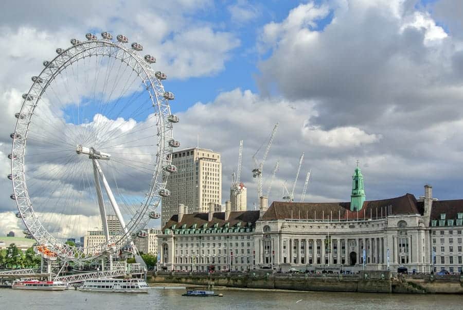 View from across a river at the London Eye ferris wheel. 