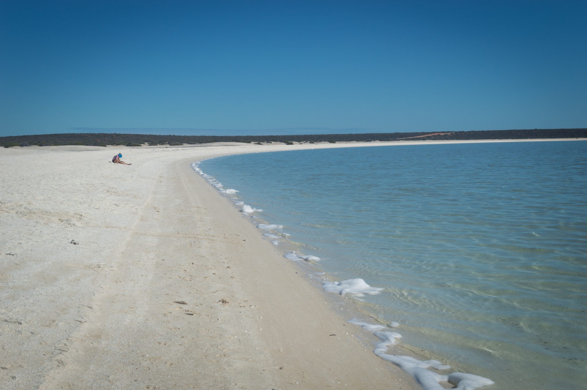 A person relaxes on a sandy beach next to the water under a blue sky