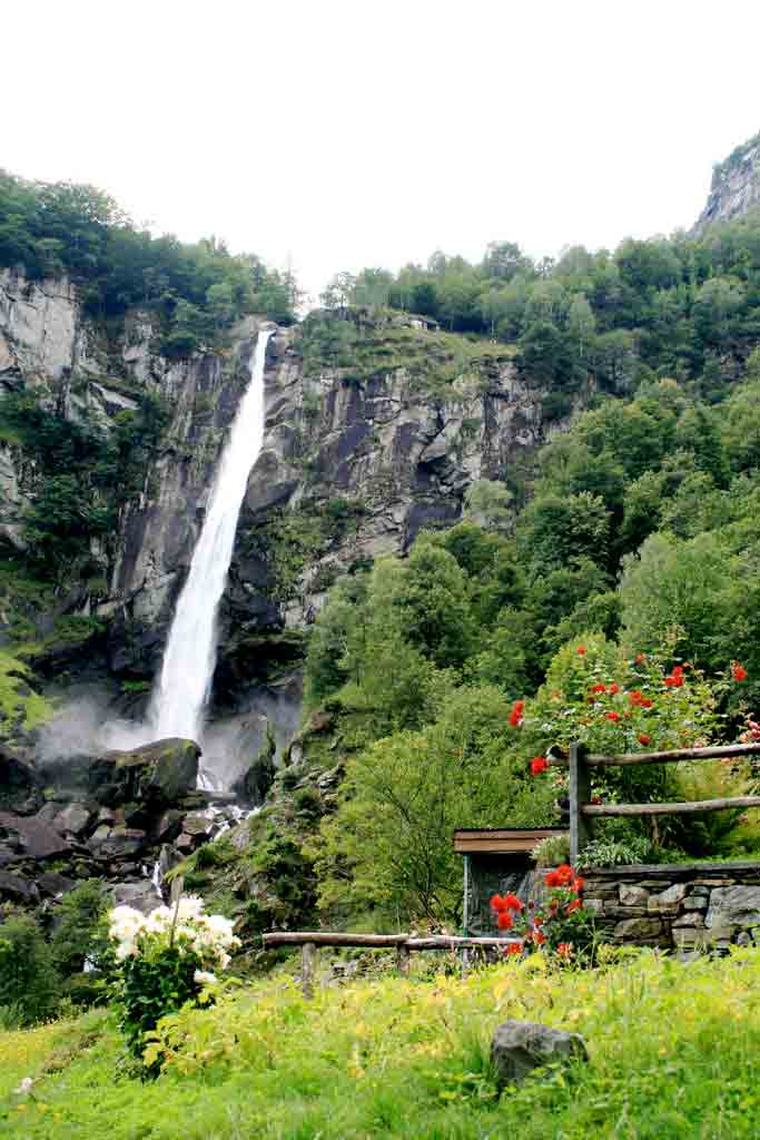 A waterfall crashes down a tall rock wall surrounded by greenery.
