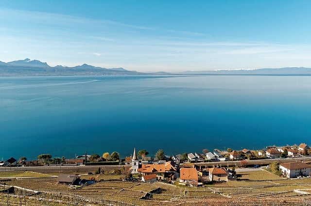 In the foreground is a town. The background has an ocean with mountains.