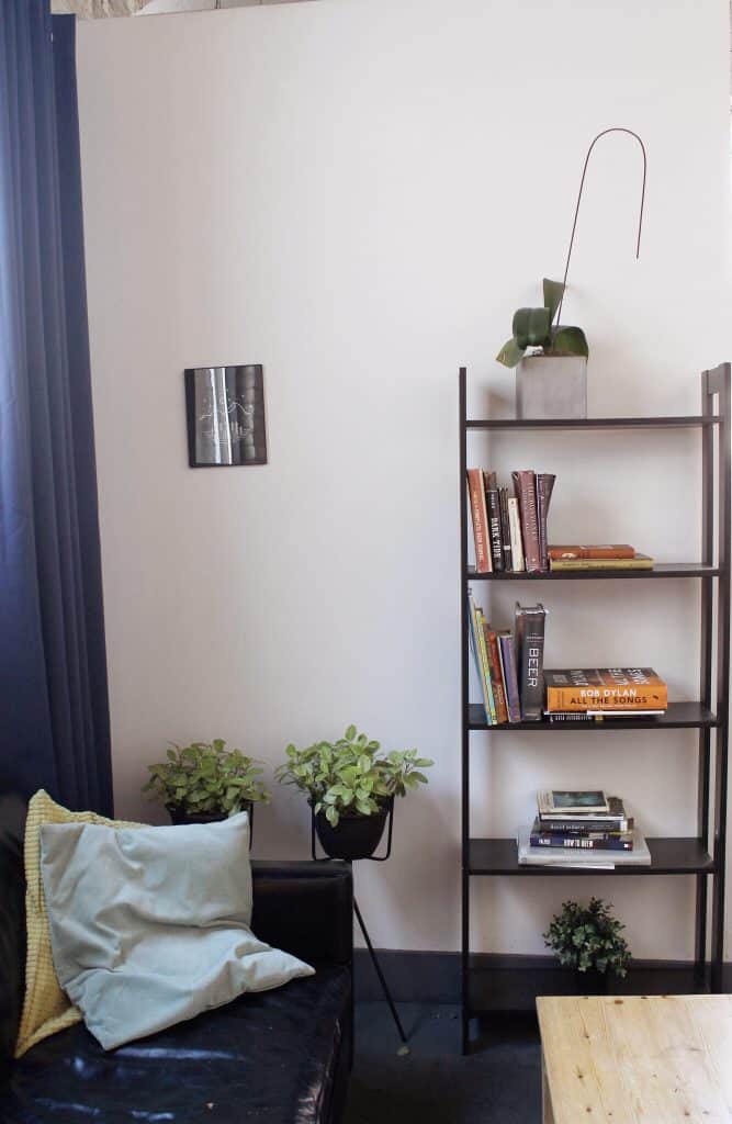 Black couch next to a bookshelf with books on it.