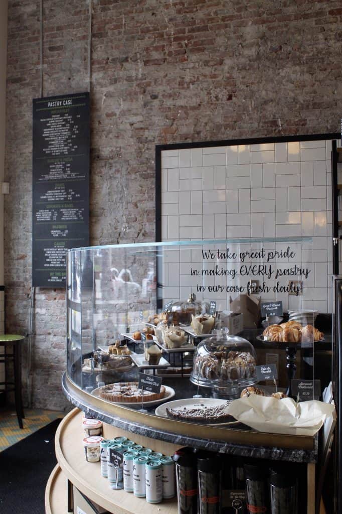 A display case filled with pastries.