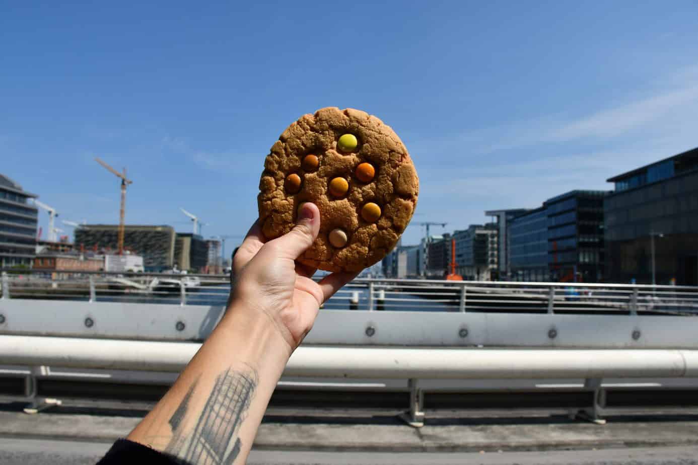 A person holds a giant cookie near the water.