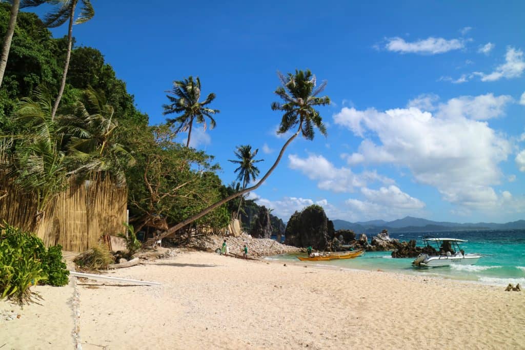 People are in a boat on the beach with palm trees.