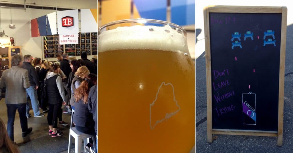 Image with three photos. The first is people walking. The second is a close up of beer. The third is a chalkboard sign.