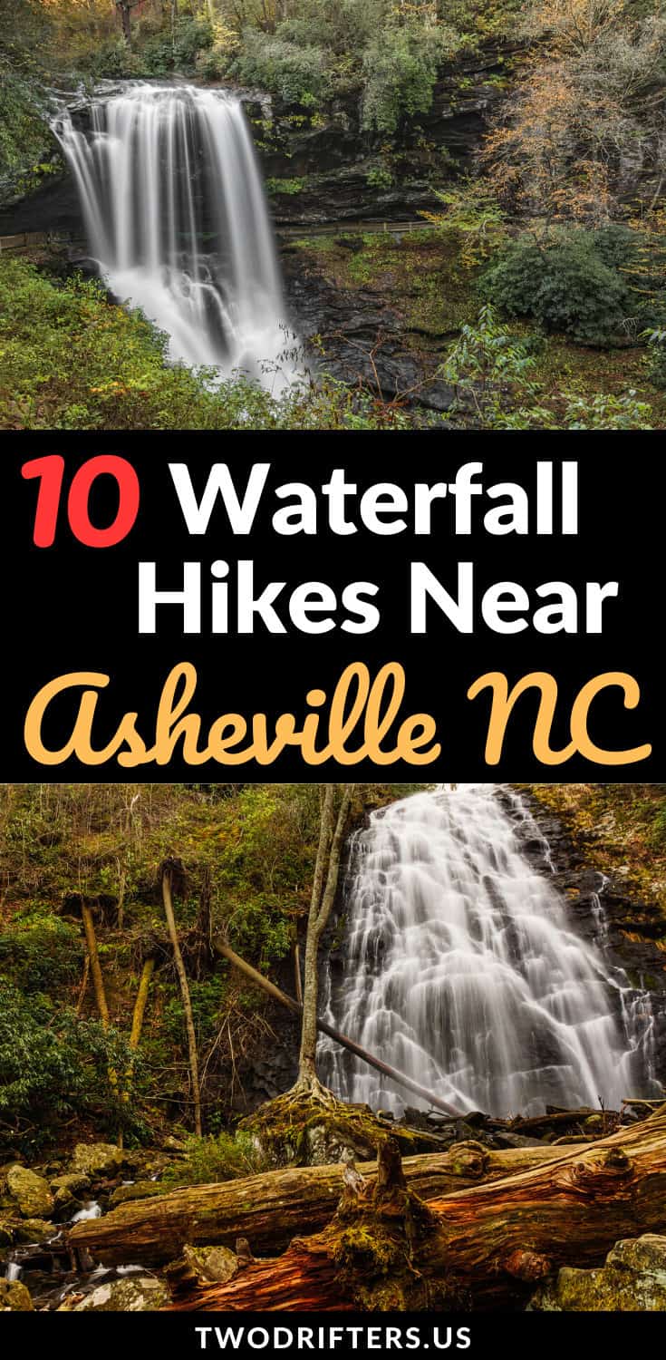 Social share image for Pinterest that says, "10 Waterfall Hikes Near Asheville NC."