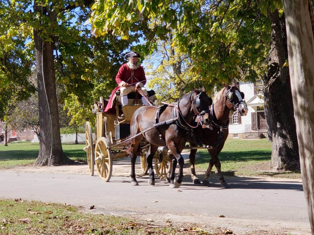 A man rides a horse-drawn carriage in historic attire.