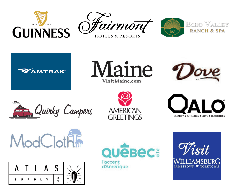 Group of logos: Guinness, Fairmont, Echo Valley Ranch & Spa, Amtrak, Maine, Dove, Quirky Campers, American Greetings, Qalo, Mod Cloth, Atlas Supply Co, Quebec, Visit Williamsburg.