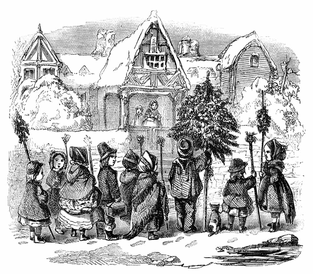An illustration of New Englanders in a vintage Christmas scene