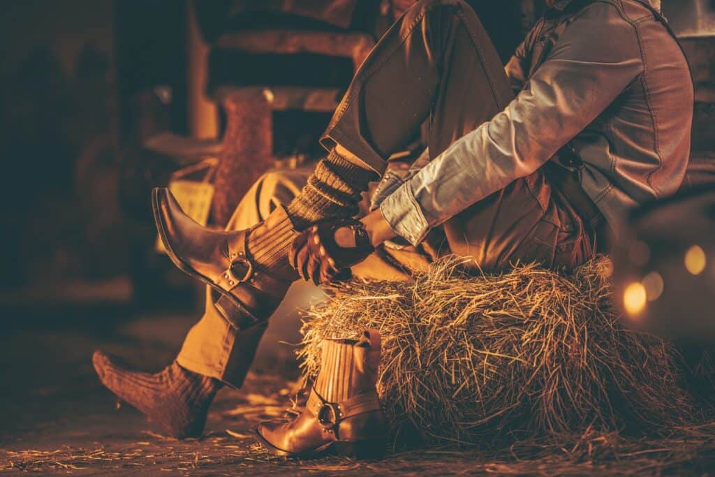 A person pulling on cowboy boots in a barn.