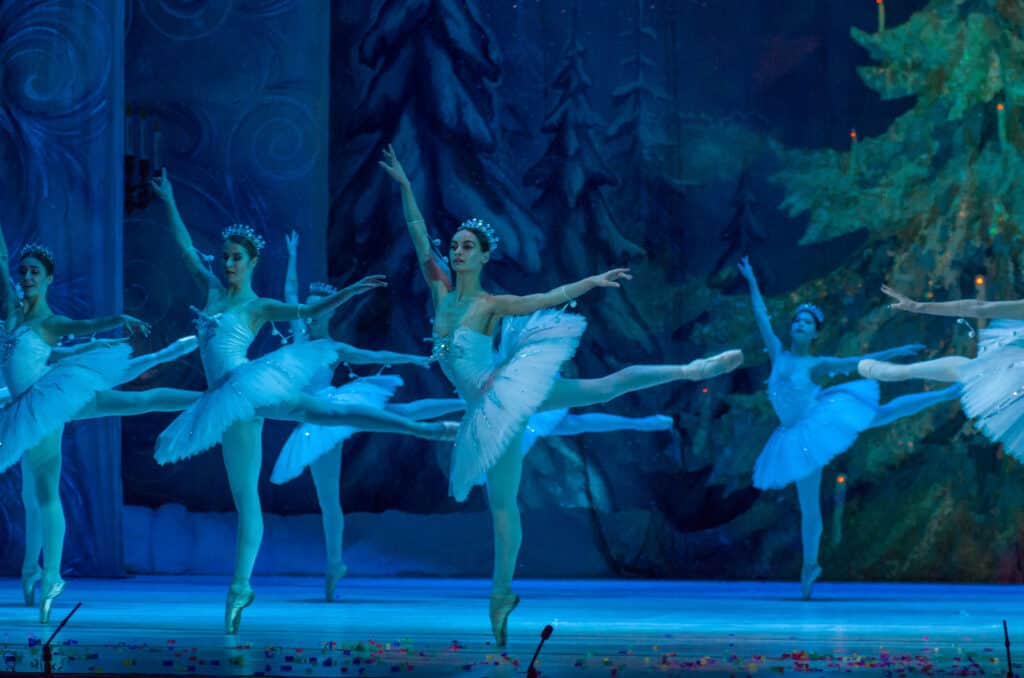 Ballerinas perform the Nutcracker in a theater.