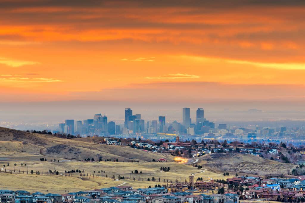 Denver, Colorado, USA downtown skyline viewed from Red Rocks at dawn.