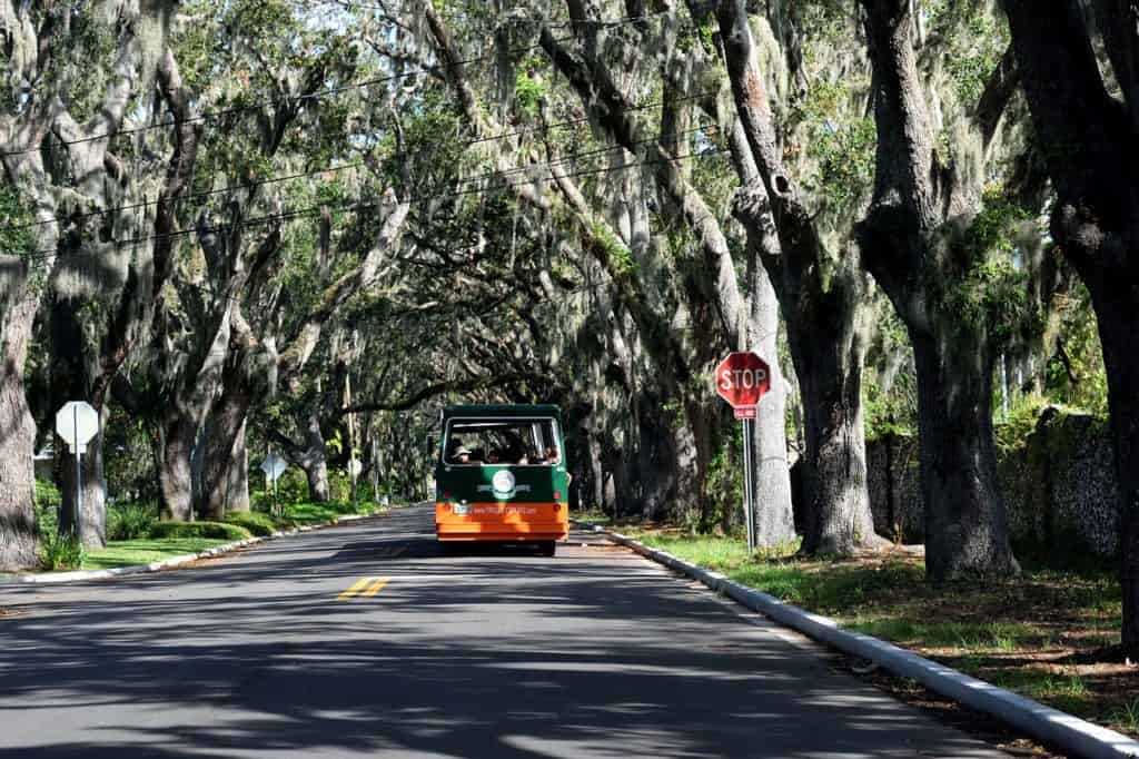 A bus driving down a street next to trees