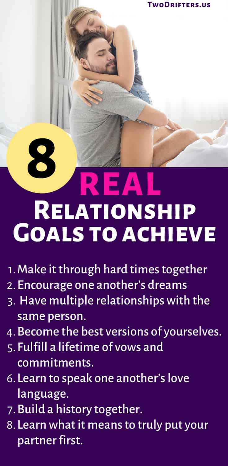 An image says "8 real relationship goals to achieve" with advice underneath.