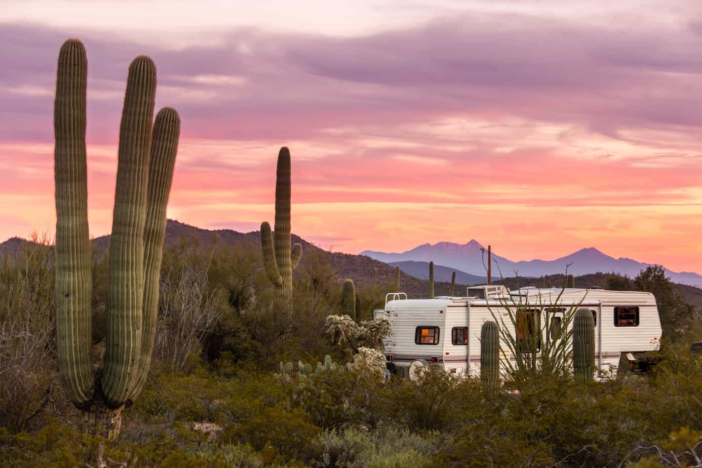 Large cacti surround a white camper under a purple sky.