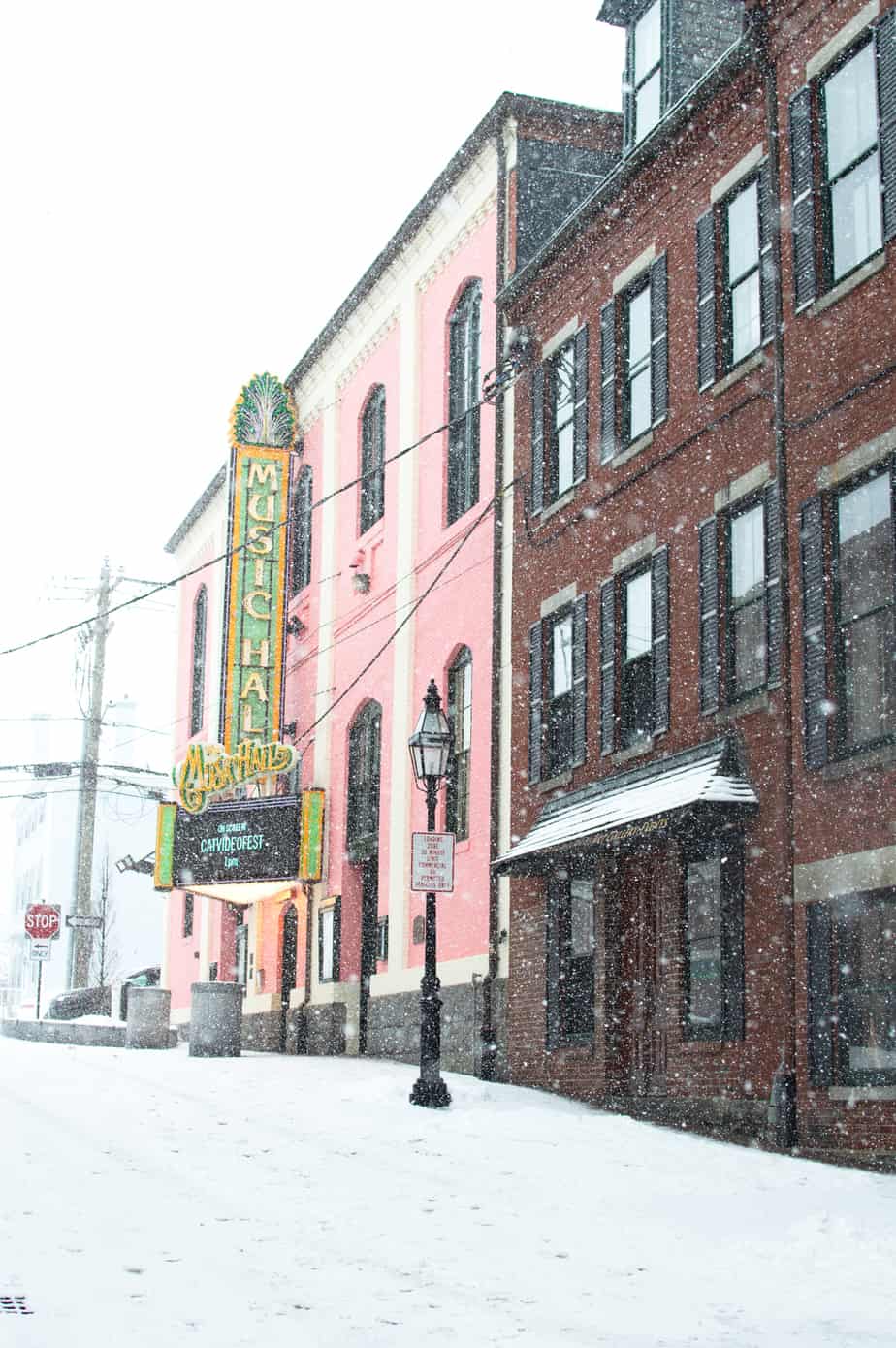 A row of red brick city buildings in Portsmouth New Hampshire