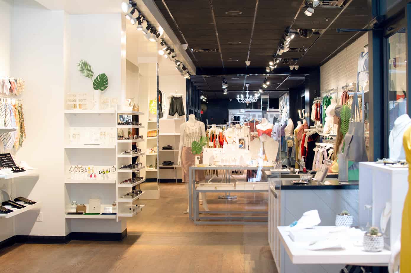 Interior of a modern store with mannequins and lots of lights in Portsmouth New Hampshire.