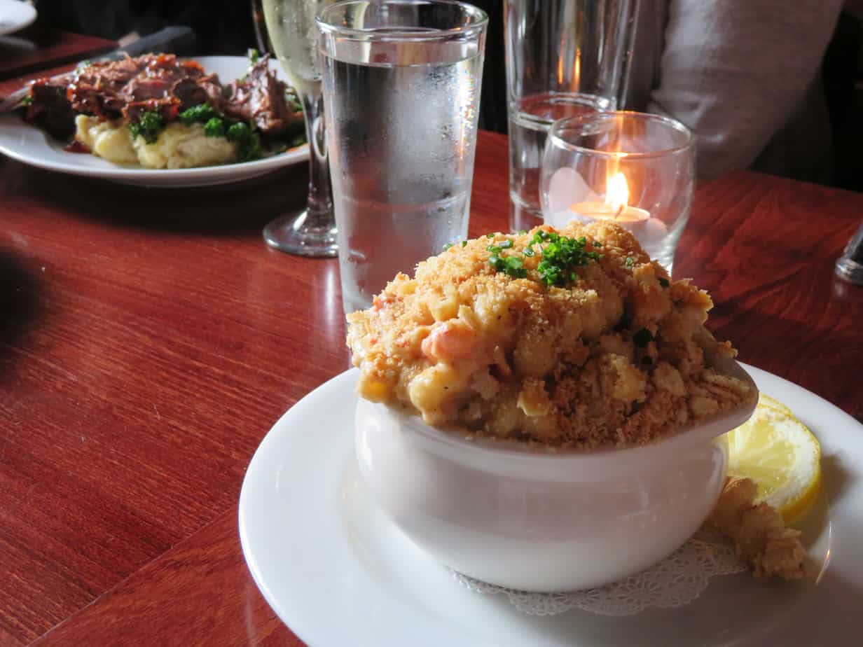 A bowl with heaping food next to water glasses in Portsmouth New Hampshire