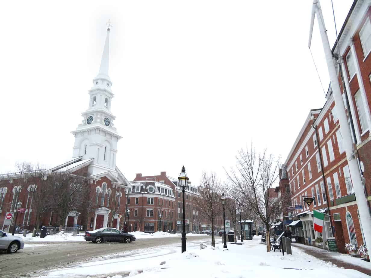 Buildlings in Portsmouth New Hampshire on a snowy day