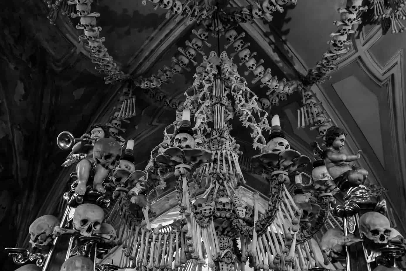 Skeletons and bones laid out intricately from the ceiling.