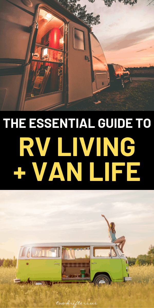 Pinterest social share image that says, "The Essential Guide to RV Living + Van Life."