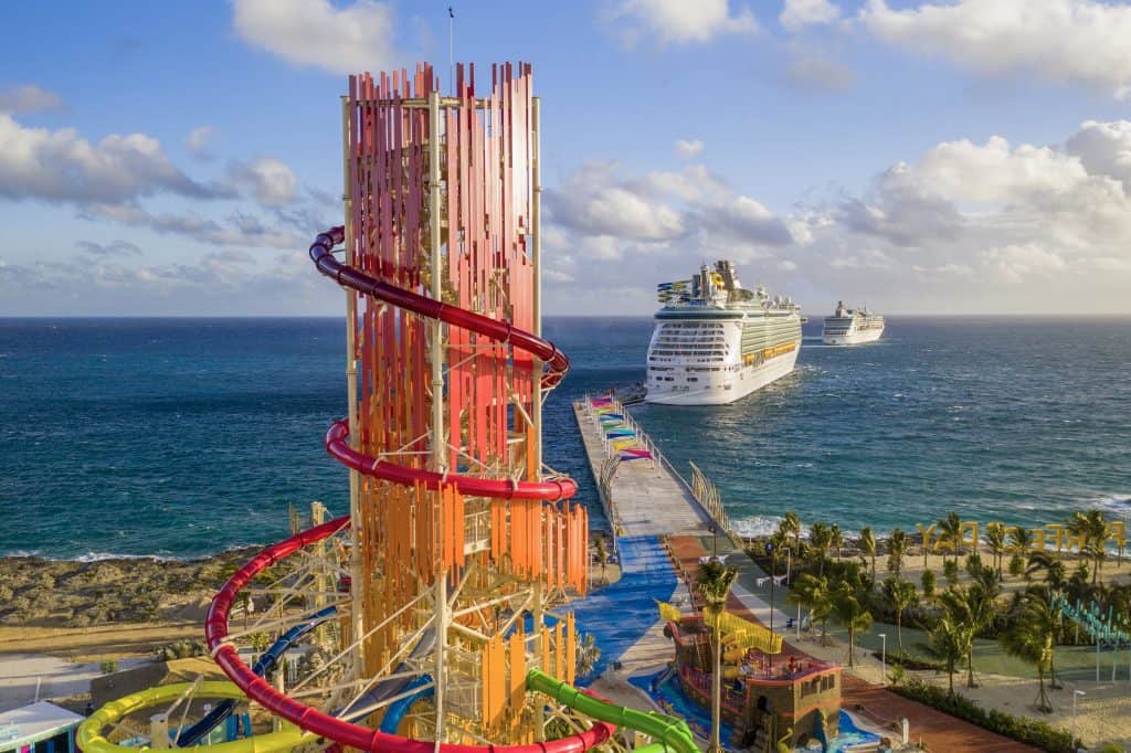 Cruise ships are on their way to an island with water park rides.